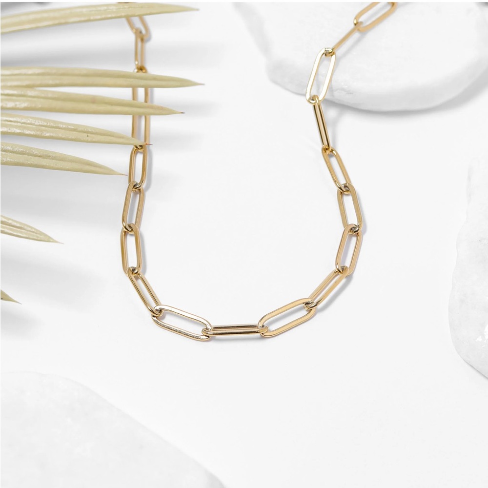 18K Gold Waterproof Paperclip Choker Necklace - PVD Coated Stainless Steel 14”